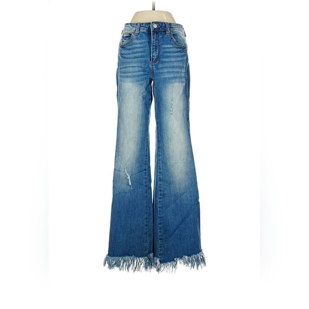 Tricot Flare Jeans Womens 7 Blue High Rise Boho Distressed Wide Leg Raw Hem